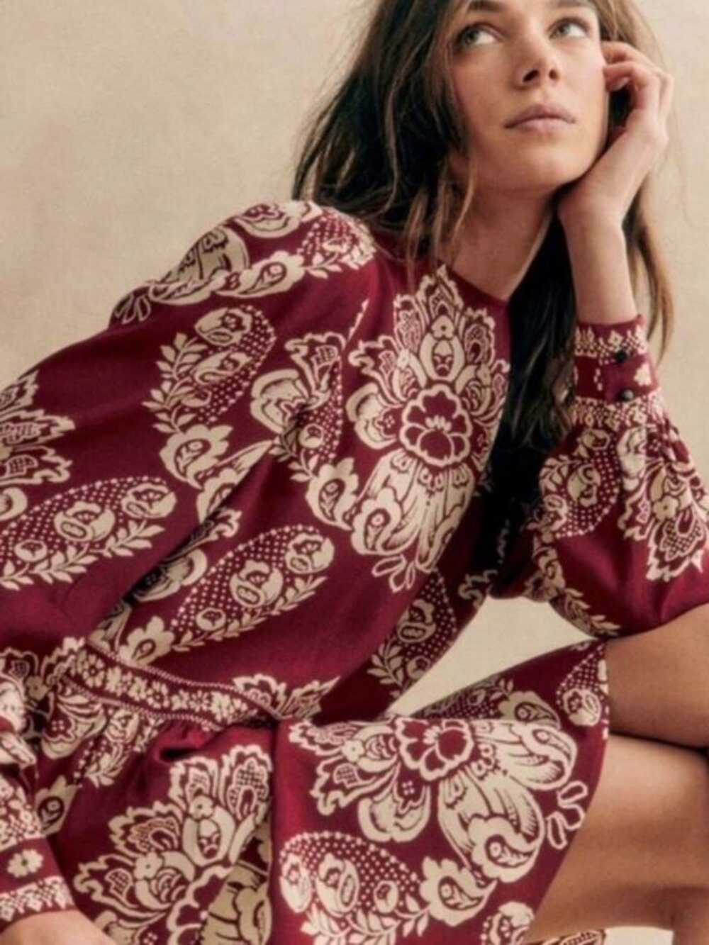 New Sezane Andrea Baroque Floral Mini Dress Wine Ecru 34, 2